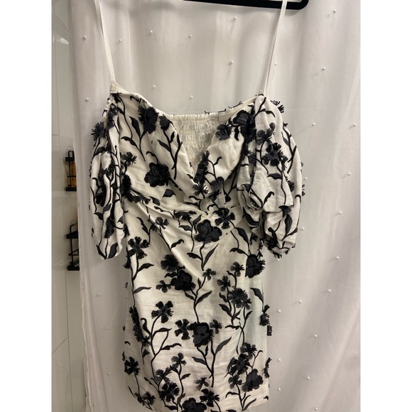 Anthropologie Off the Shoulder Floral Black and White Embroidered Dress - Picture 5 of 8
